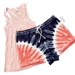 Jenni Intimates Womens Peachskin Ribbed Tank Top & TieDye Shorts 2pc PJs SMALL